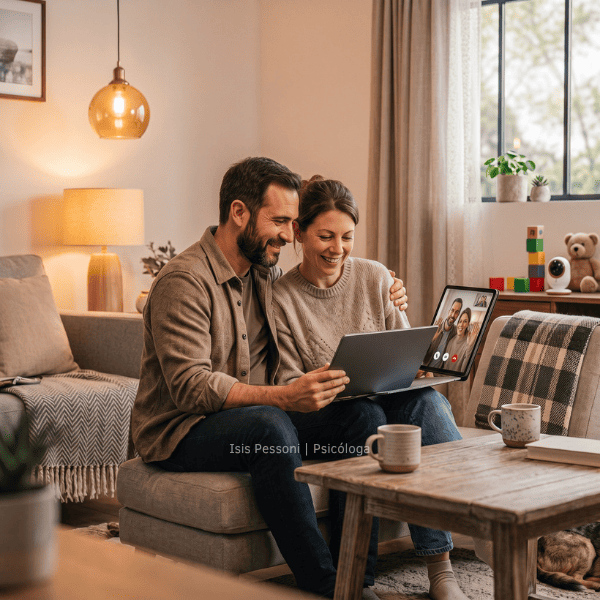 casal em sessão de terapia online no conforto de casa, ilustrando como funciona a terapia de casal online